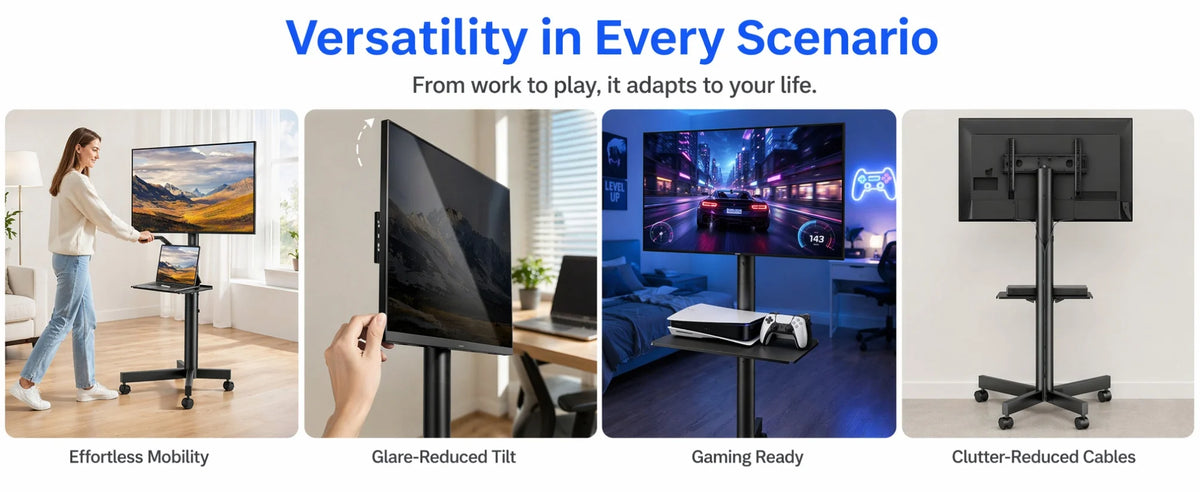 Rolling TV Stand on Wheels with Tilt for 23-65 Inch Screen TVs, Mobile TV Cart Height - Adjustable with Shelf/Tray, Portable TV Stand Holds up to 99 lbs, Max VESA 400x400mm